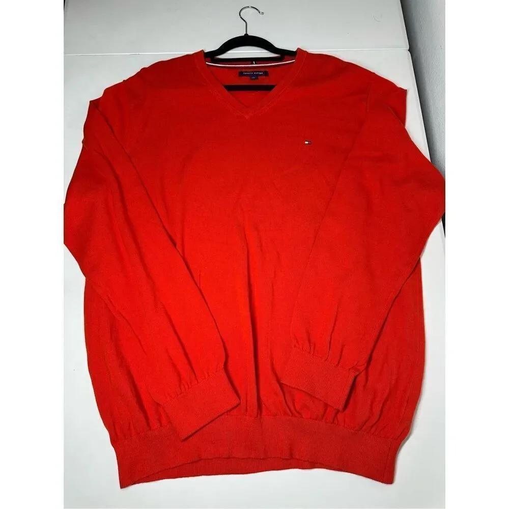 Tommy Hilfiger Sweater Mens XXL Orange Cotton V Neck Knit Long Sleeve Pullover